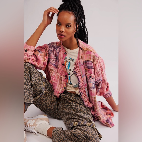 NWT Magnolia Pearl Mads Top Plaid Bleach Patchwork Free People - Picture 2 of 14